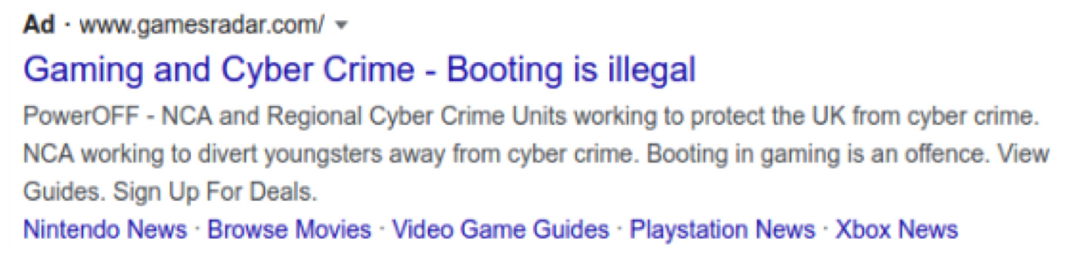 Google ad warning against DDoS services