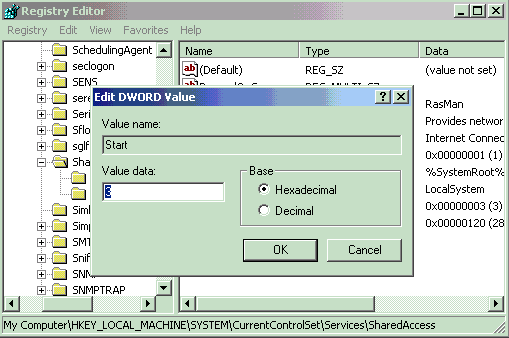 If the value shows 0x2, then right click and modify it to show 0x3. This manually forces ICS to shut off and allows the VPN Client installation to continue.