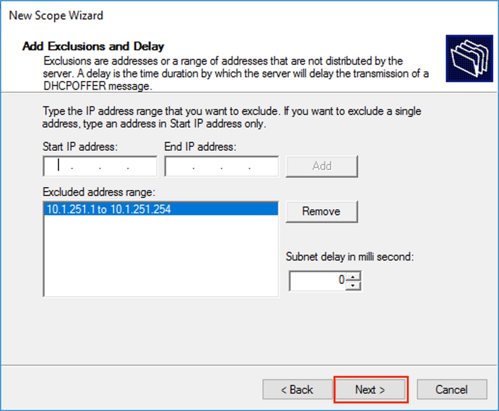 win2016, Define the excluded range from the DHCP Scope