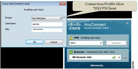 Figure 3-55 Windows 7 Client Running AnyConnect Secure Mobility Client 3.0 Using VPN Group