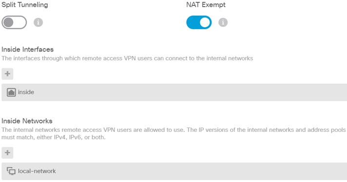 Remote access VPN split tunneling and NAT exempt options.