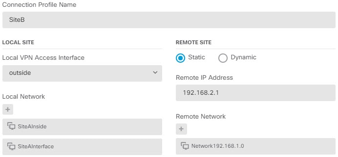 Site A S2S VPN connection endpoint settings.