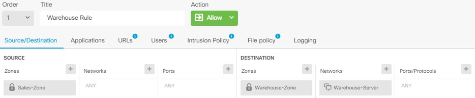 Access control rule to allow traffic to the warehouse server.