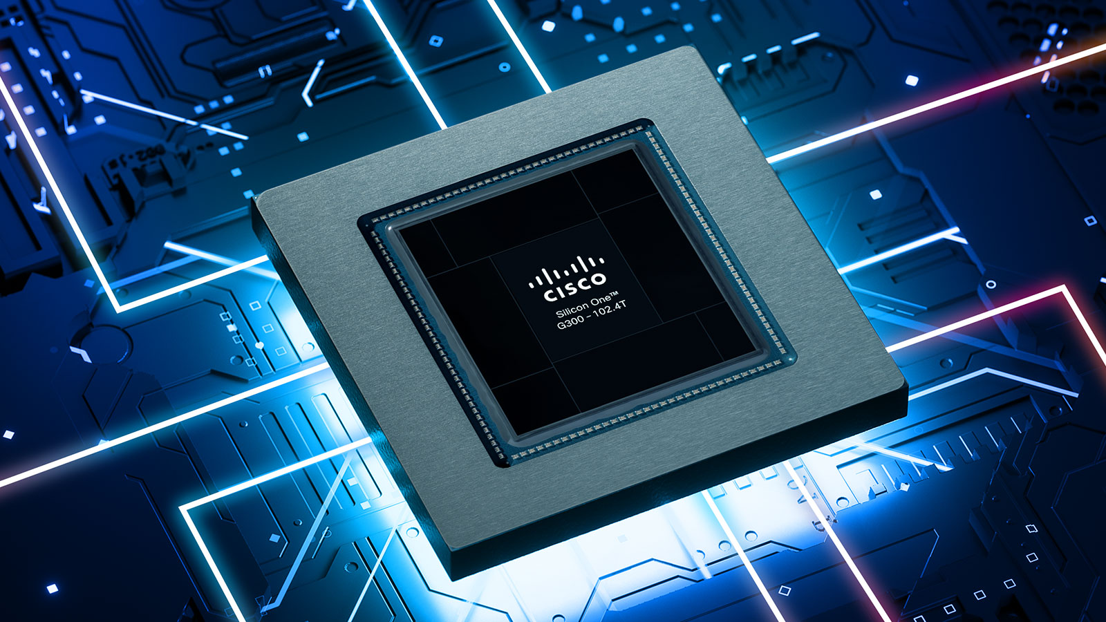 Cisco Silicon One processor on a circuit board in shades of blue and grey.