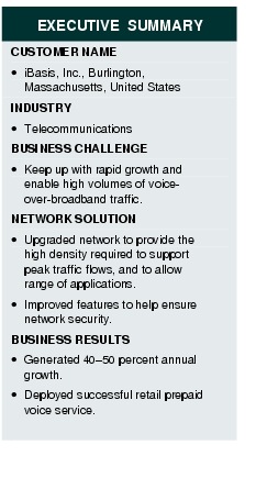 Text Box: EXECUTIVE SUMMARYCUSTOMER NAME· iBasis, Inc., Burlington, Massachusetts, United StatesINDUSTRY· TelecommunicationsBUSINESS CHALLENGE· Keep up with rapid growth and enable high volumes of voice-over broadband traffic.NETWORK SOLUTION· Upgraded network to provide the high density required to support peak traffic flows, and to allow range of applications.· Improved features to help ensure network security.BUSINESS RESULTS· Generated 40-50 percent annual growth.· Deployed successful retail prepaid voice service.