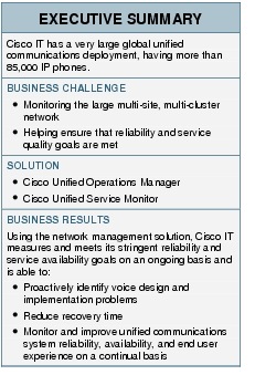 Text Box: EXECUTIVE SUMMARYCisco IT has a very large global unified communications deployment, having more than 85,000 IP phones.BUSINESS CHALLENGE● Monitoring the large multi-site, multi-cluster network●   Helping ensure that reliability and service quality goals are metSOLUTION●    Cisco Unified Operations Manager● Cisco Unified Service MonitorBUSINESS RESULTSUsing the network management solution, Cisco IT measures and meets its stringent reliability and service availability goals on an ongoing basis and is able to:● Proactively identify voice design and implementation problems ●   Reduce recovery time ●    Monitor and improve unified communications system reliability, availability, and end user experience on a continual basis