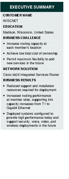 Text Box: EXECUTIVE SUMMARYCUSTOMER NAMEWISCNETEDUCATIONMadison, Wisconsin, United StatesBUSINESS CHALLENGE &middot;    Increase routing capacity at each member's location&middot;    Achieve low total cost of ownership&middot;    Permit maximum flexibility to add new services in the futureNETWORK SOLUTIONCisco 3825 Integrated Services Router BUSINESS RESULTS &middot;    Reduced support and installation resources required for deployment&middot; Increased routing performance at member sites, supporting link capacity increases from T1 to Gigabit Ethernet&middot;  Deployed systems configured to provide high performance today and support security, voice, video, and wireless deployments in the future