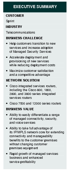 Text Box: EXECUTIVE SUMMARYCUSTOMERSprintINDUSTRYTelecommunicationsBUSINESS CHALLENGE &middot;  Help customers transition to new services and increase adoption of Managed Security Services&middot;   Accelerate deployment and provisioning of new services while reducing deployment costs&middot; Maximize customer satisfaction and a competitive advantageNETWORK SOLUTION &middot;    Cisco integrated services routers, including the Cisco 800, 1800, 2800, and 3800 series integrated services routers&middot;    Cisco 7500 and 12000 series routers BUSINESS VALUE&middot; Ability to easily differentiate a range of managed connectivity, security, and voice services&middot;  Ability to take full advantage of its IP/MPLS network core for extending connectivity and manageability benefits to the customer premises without changing customer premises equipment&middot; Rapid growth of managed services business and enhanced service profitability