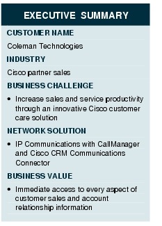 Text Box: EXECUTIVE SUMMARYCUSTOMER NAMEColeman TechnologiesINDUSTRY Cisco partner salesBUSINESS CHALLENGE&middot;  Increase sales and service productivity through an innovative Cisco customer care solutionNETWORK SOLUTION &middot;    IP Communications with CallManager and Cisco CRM Communications ConnectorBUSINESS VALUE&middot;    Immediate access to every aspect of customer sales and account relationship information 