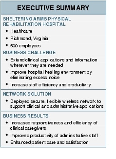 Text Box: EXECUTIVE SUMMARYSHELTERING ARMS PHYSICAL REHABILITATION HOSPITAL●  Healthcare●   Richmond, Virginia●   500 employeesBUSINESS CHALLENGE●  Extend clinical applications and information wherever they are needed ●   Improve hospital healing environment by eliminating excess noise● Increase staff efficiency and productivity NETWORK SOLUTION●  Deployed secure, flexible wireless network to support clinical and administrative applicationsBUSINESS RESULTS●   Increased responsiveness and efficiency of clinical caregivers●   Improved productivity of administrative staff●    Enhanced patient care and satisfaction