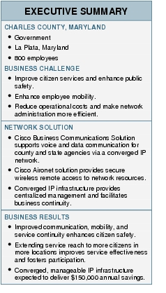 Text Box: EXECUTIVE SUMMARYCHARLES COUNTY, MARYLAND●   Government●   La Plata, Maryland●   800 employeesBUSINESS CHALLENGE●  Improve citizen services and enhance public safety.●  Enhance employee mobility.●   Reduce operational costs and make network administration more efficient.NETWORK SOLUTION● Cisco Business Communications Solution supports voice and data communication for county and state agencies via a converged IP network.●   Cisco Aironet solution provides secure wireless remote access to network resources.●  Converged IP infrastructure provides centralized management and facilitates business continuity.BUSINESS RESULTS● Improved communication, mobility, and service continuity enhances citizen safety.●    Extending service reach to more citizens in more locations improves service effectiveness and fosters participation.● Converged, manageable IP infrastructure expected to deliver $150,000 annual savings.