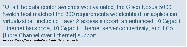 Text Box: "Of all the data center switches we evaluated, the Cisco Nexus 5000 Switch best matched the 300 requirements we identified for application virtualization, including Layer 2 access support, an enhanced 10 Gigabit Ethernet backbone, 10 Gigabit Ethernet server connectivity, and FCoE [Fibre Channel over Ethernet] support."-Kamal Vayas, Team Lead-Data Center Services, NetApp