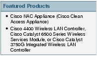 Text Box: Featured Products●   Cisco NAC Appliance (Cisco Clean Access Appliance)●   Cisco 4400 Wireless LAN Controller, Cisco Catalyst 6500 Series Wireless Services Module, or Cisco Catalyst 3750G Integrated Wireless LAN Controller