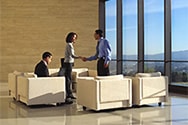 Man and women shaking hands at a company lounge area