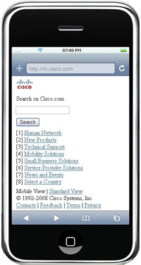 Apple iPhone showing m.cisco.com and search enhancement