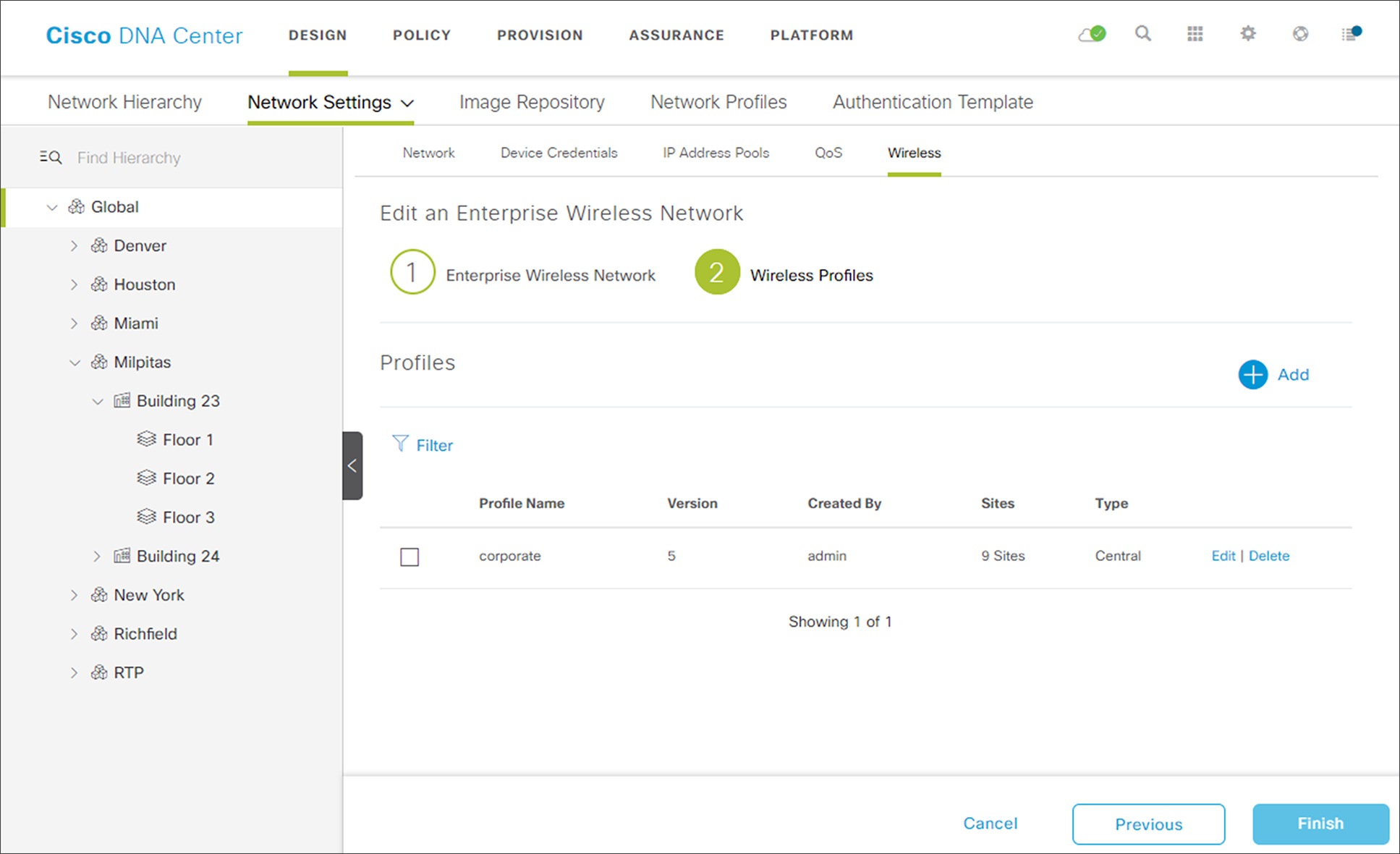 Create an Enterprise Wireless Network workflow - step 2 wireless profiles