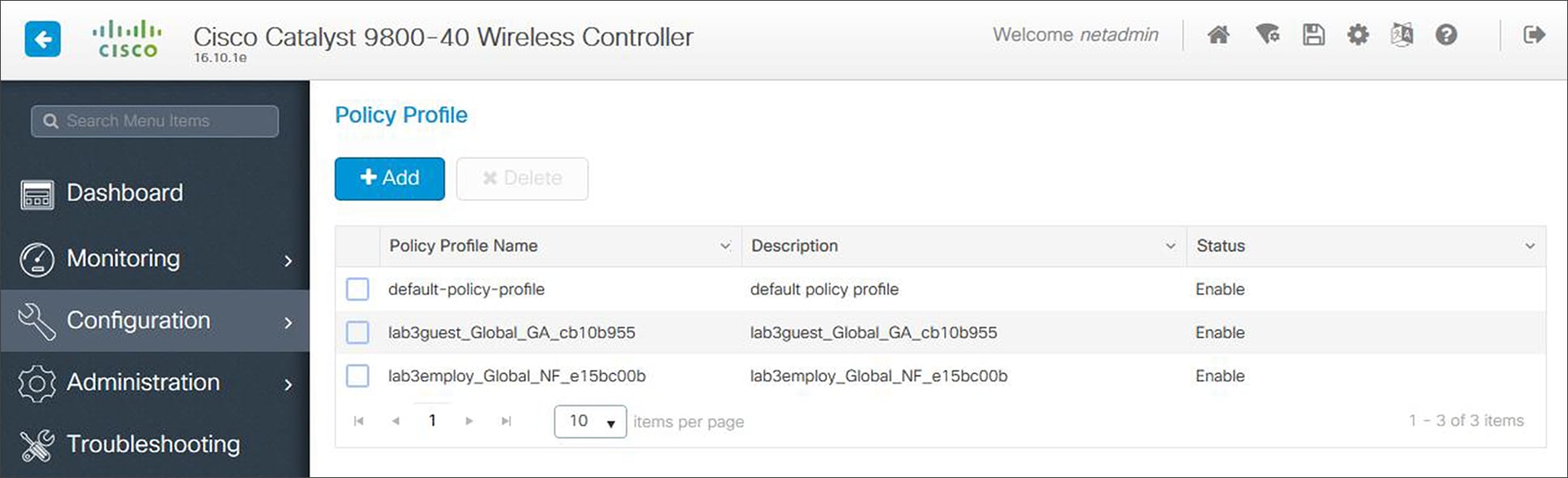 Example of Catalyst 9800 Policy Profiles created by Cisco DNA Center