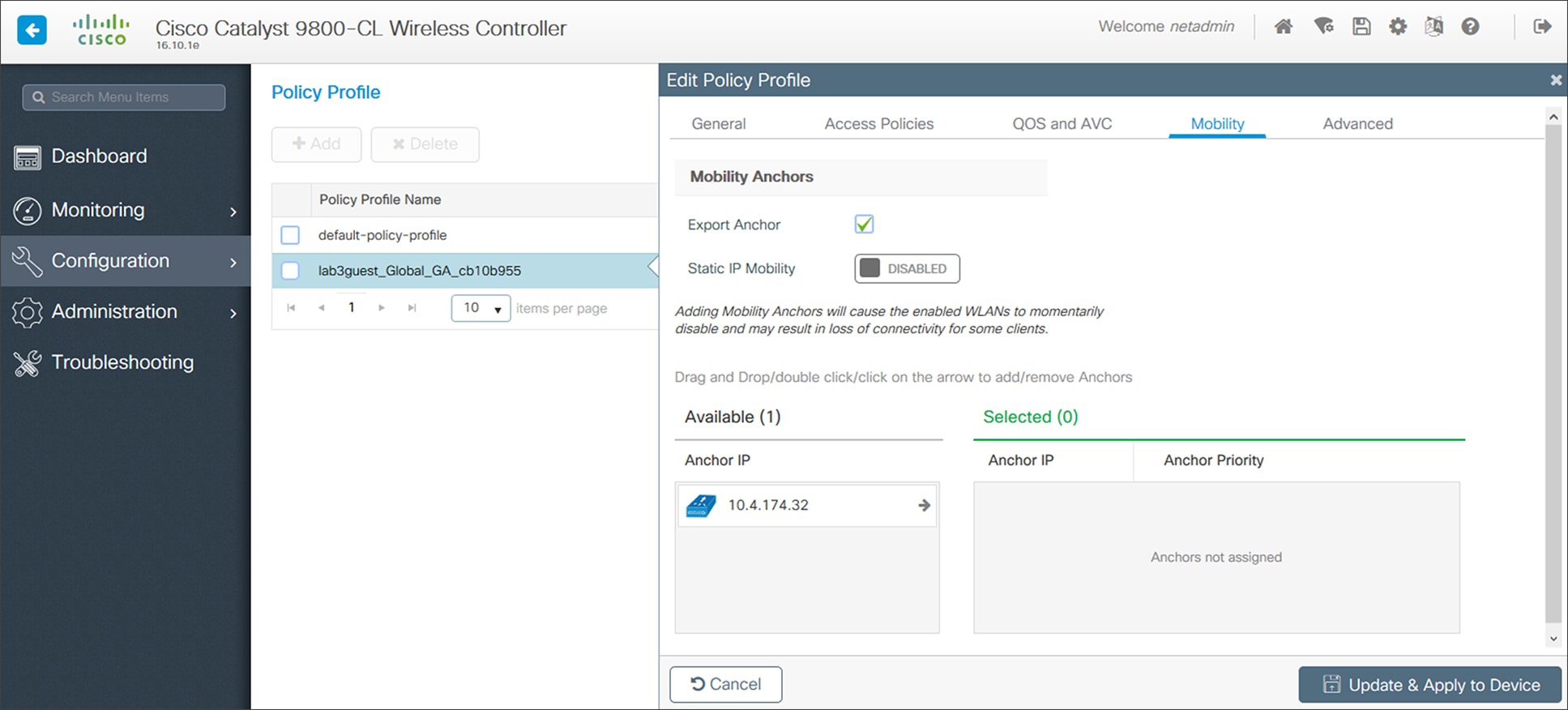 Anchor controller (WLC-9800-CL) policy profile with mobility settings