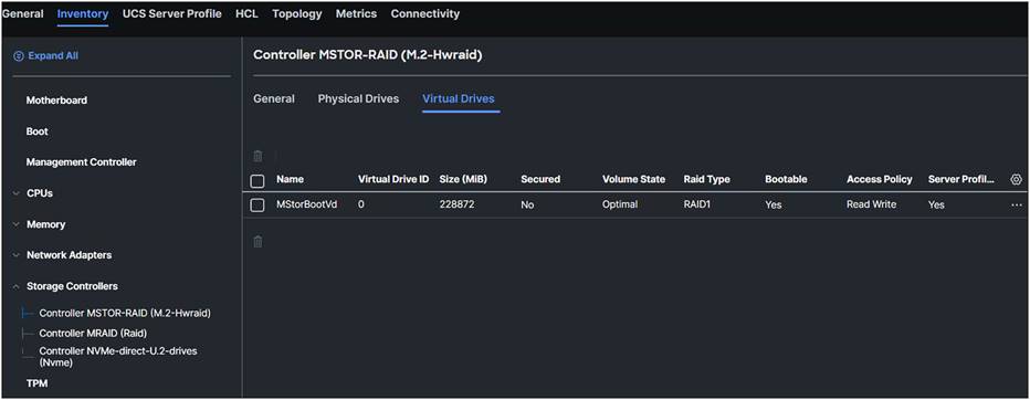 Virtuel drive after applying the storage policy to the server profile.