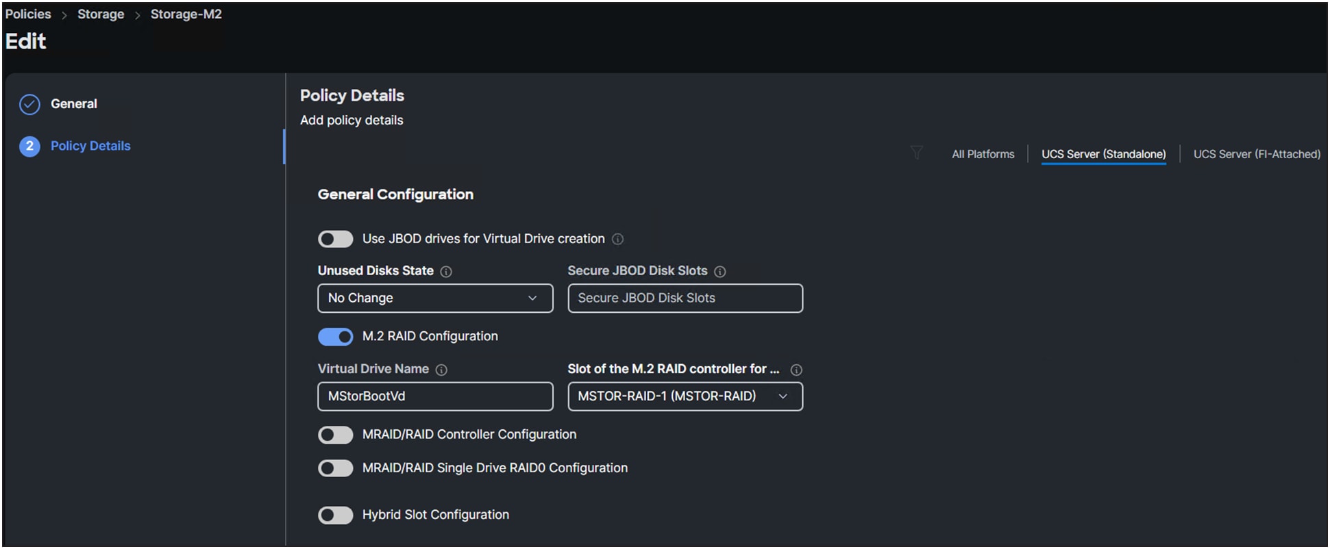 Storage policy for a Cisco UCS C-Series standalone server.