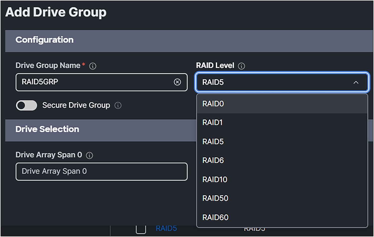 Selection of RAID Levels for the MRAID storage policy.