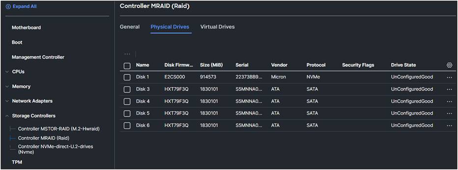 Different types of drives connected to the MRAID controller.