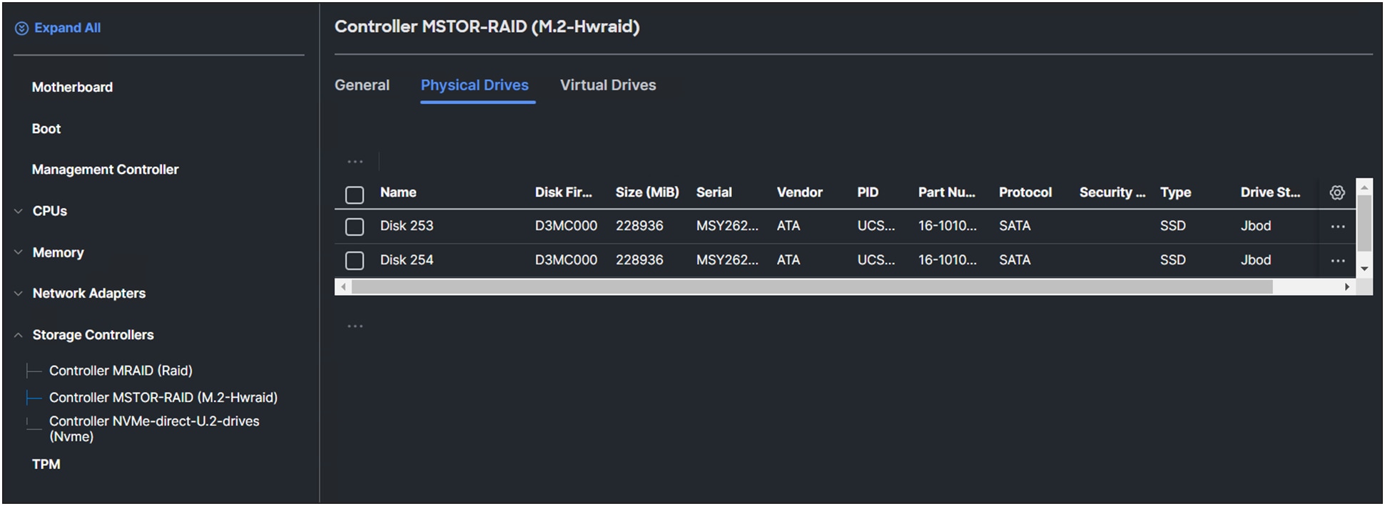 Physical drives connected to the M.2 RAID controller.
