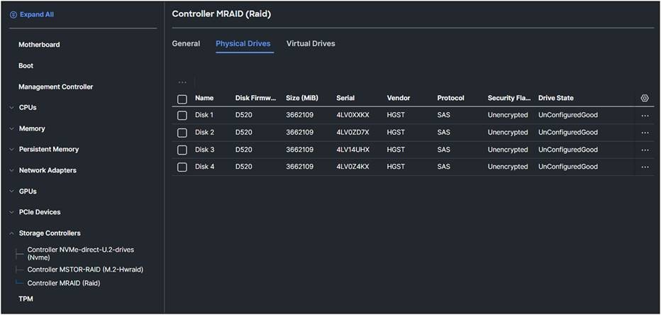 MRAID controller physical drives overview.