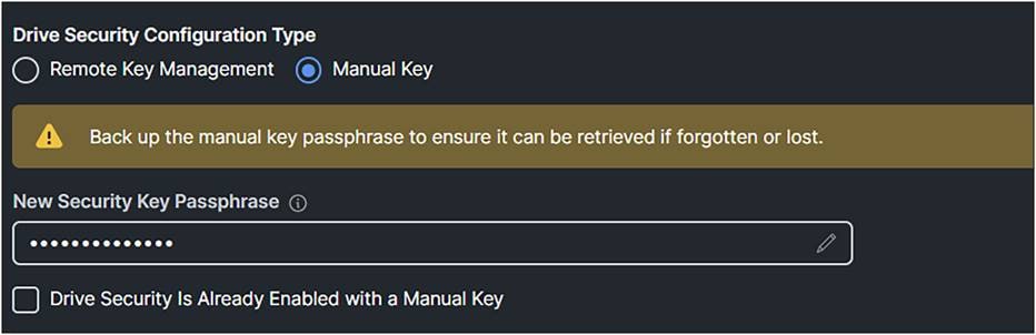 Drive security configuration with manual key.