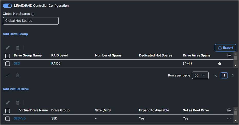 Overview of the drive group and virtual drive for SED configuration.