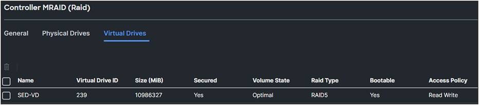 MRAID virtual drives overview after applying storage profile for SED with manual key.