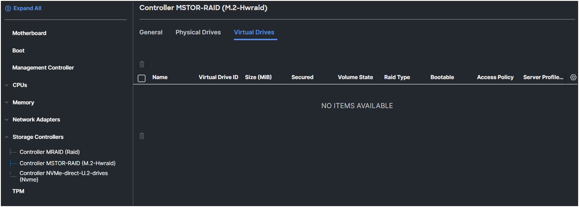 Overview of the virtual drives of the M.2 RAID controller.