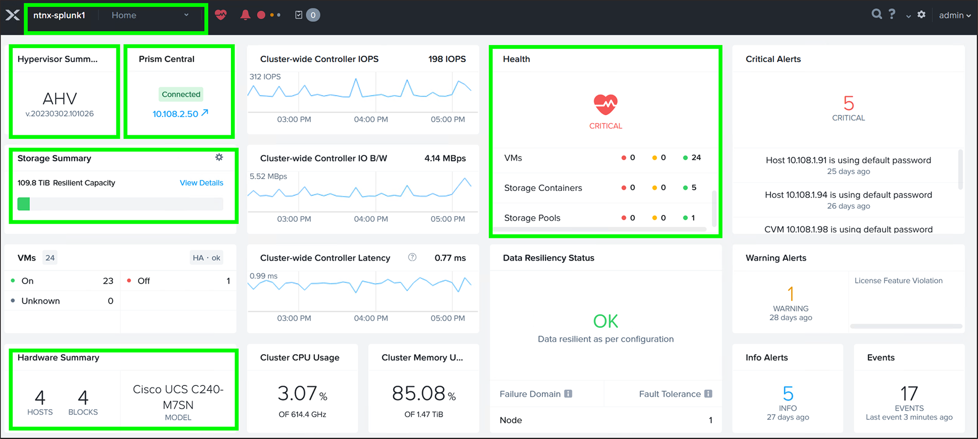 Nutanix Prism Element dashboard