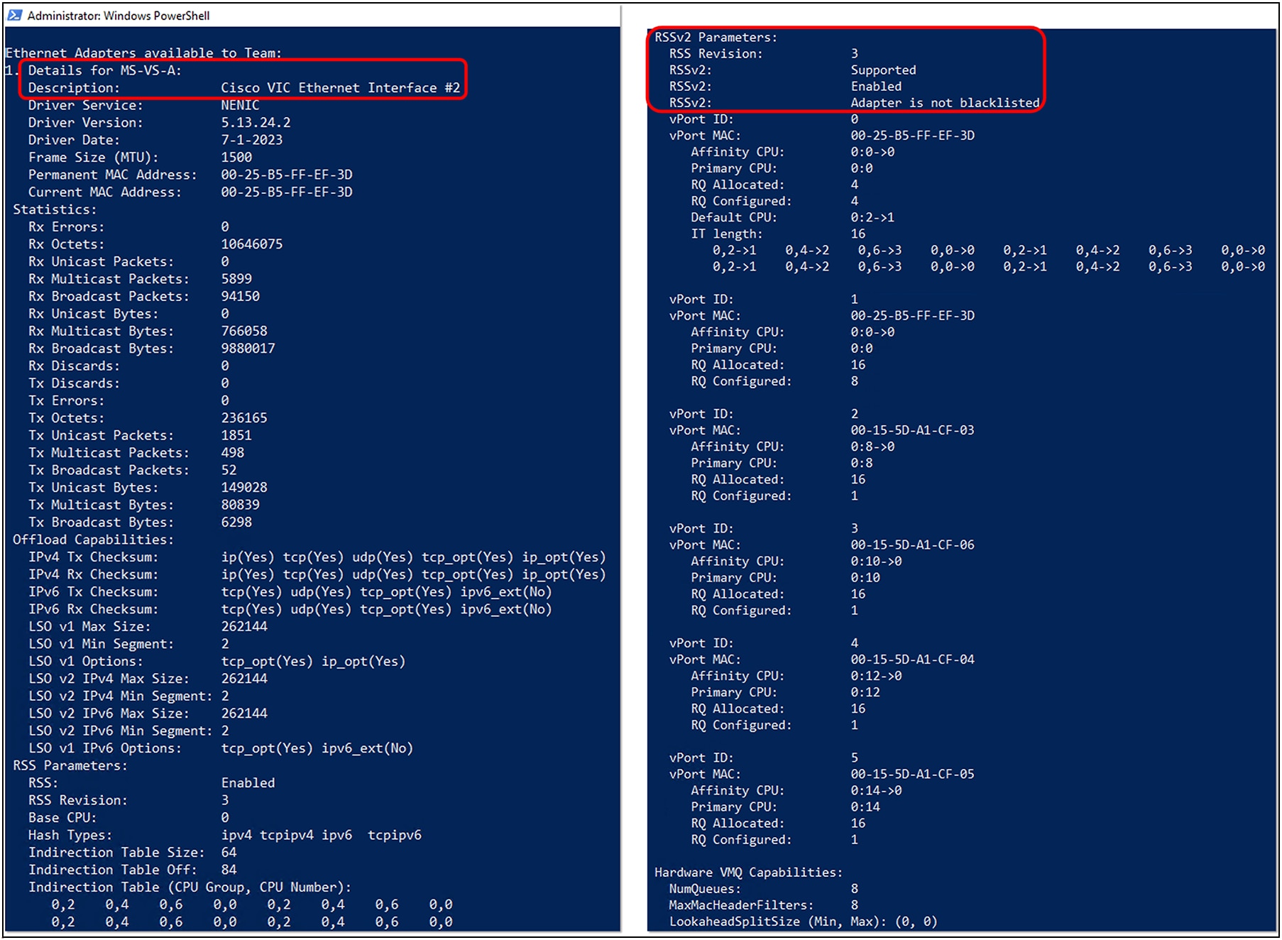 RSSv2 configuration from a Hyper-V host running two guest VMs with two vPorts each