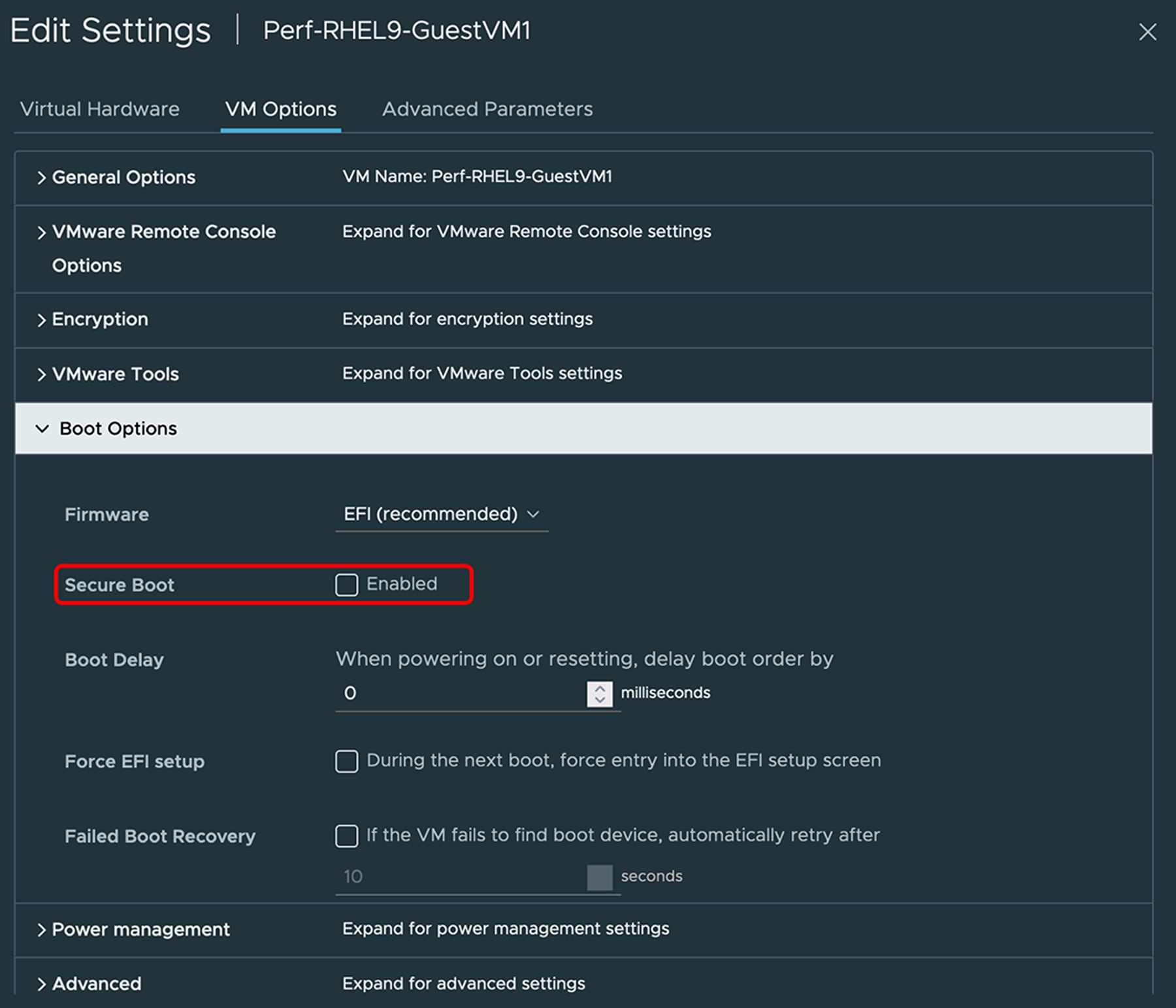 VM option to disable secure boot