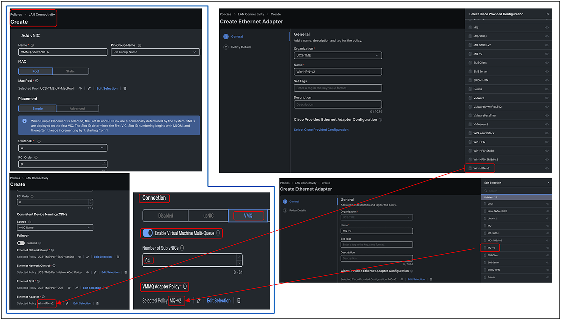 Configuring VMMQ with predefined adapter Win-HPN-v2 and MQ-v2 policies in Cisco Intersight