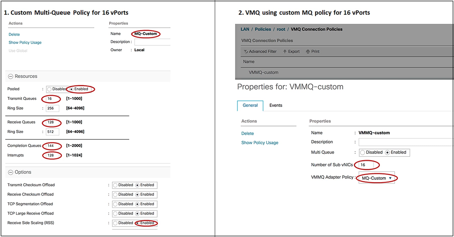 Defining custom MQ policy in UCSM for 16 vPorts