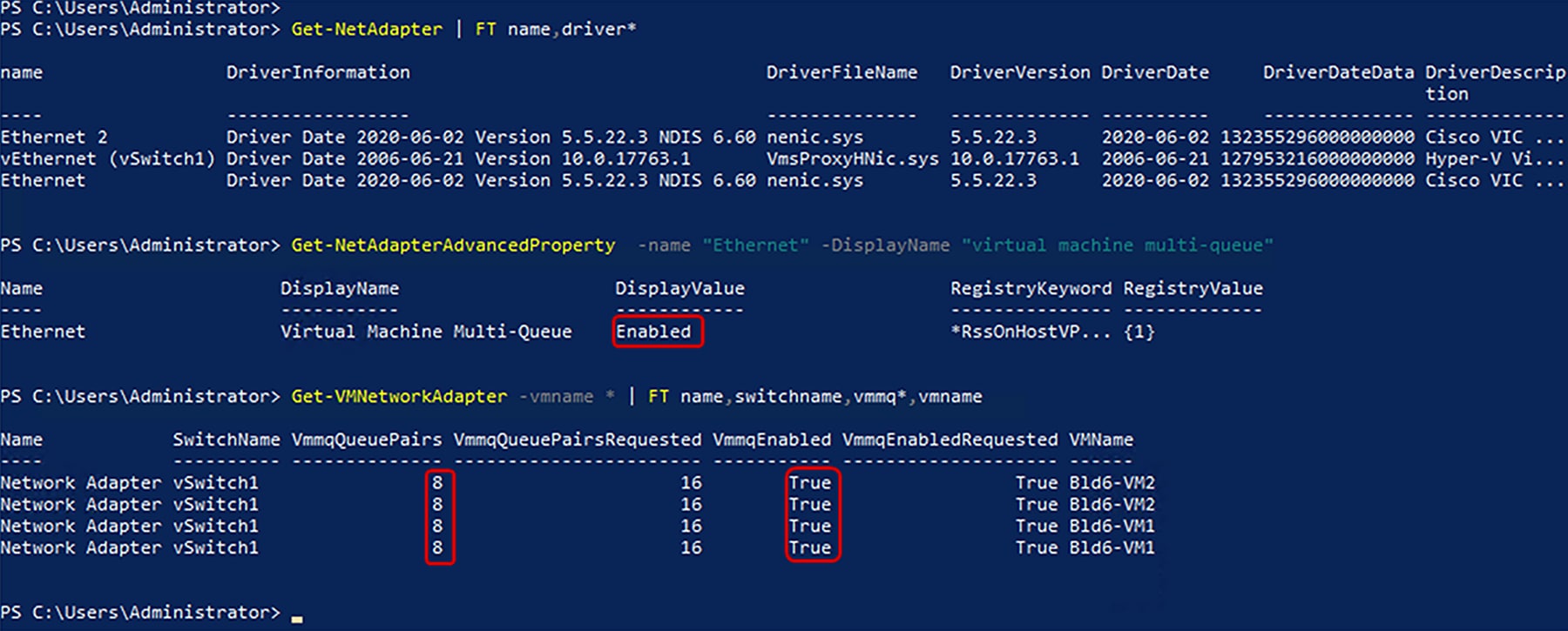 VMMQ information from a Windows Server 2019 Hyper-V host