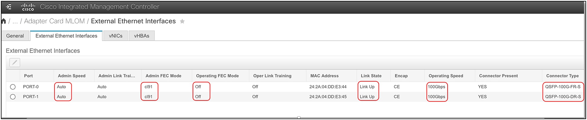 FEC settings for a VIC 100G adapter installed on UCS C-Series servers in standalone mode