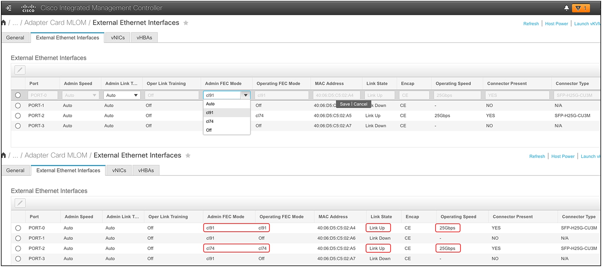 FEC configuration and validation for a VIC 15428 ports from Cisco IMC