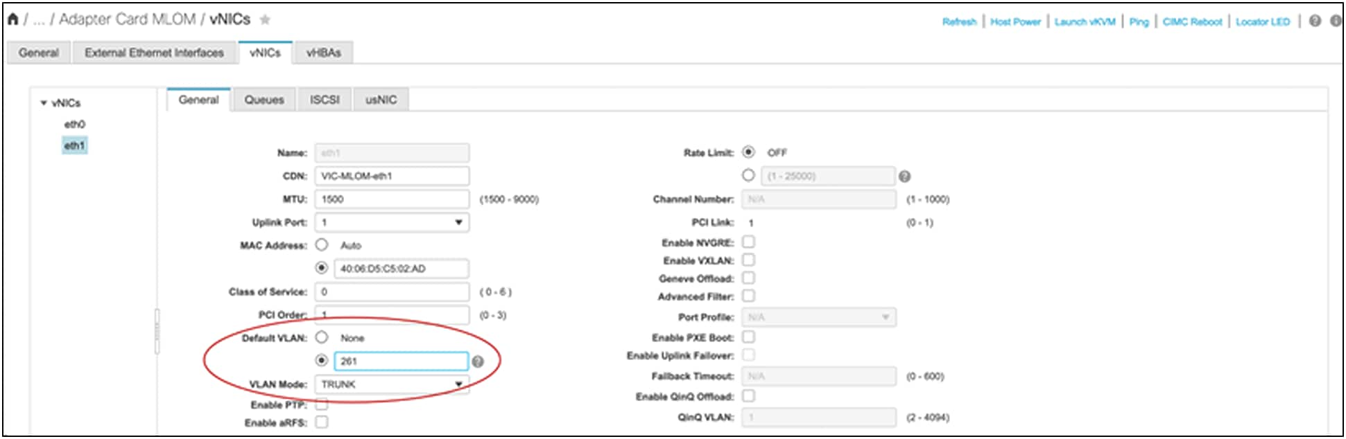 Default VLAN configuration under vNIC from Cisco IMC