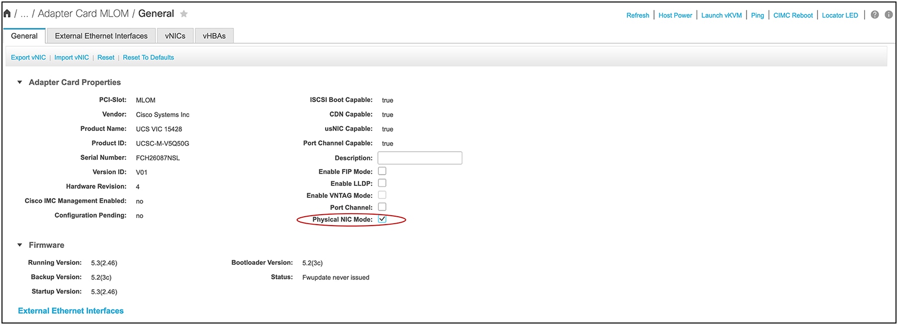 Physical NIC mode configuration in Cisco IMC