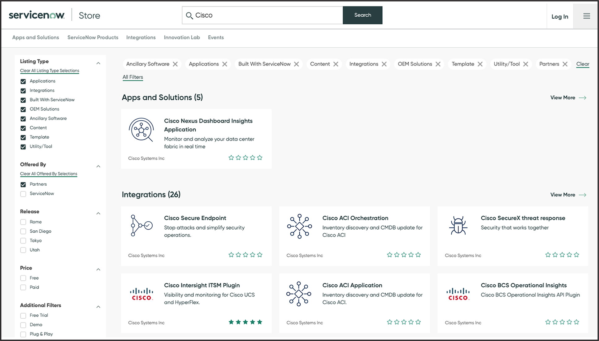 Cisco data center integrations available for download from the ServiceNow store