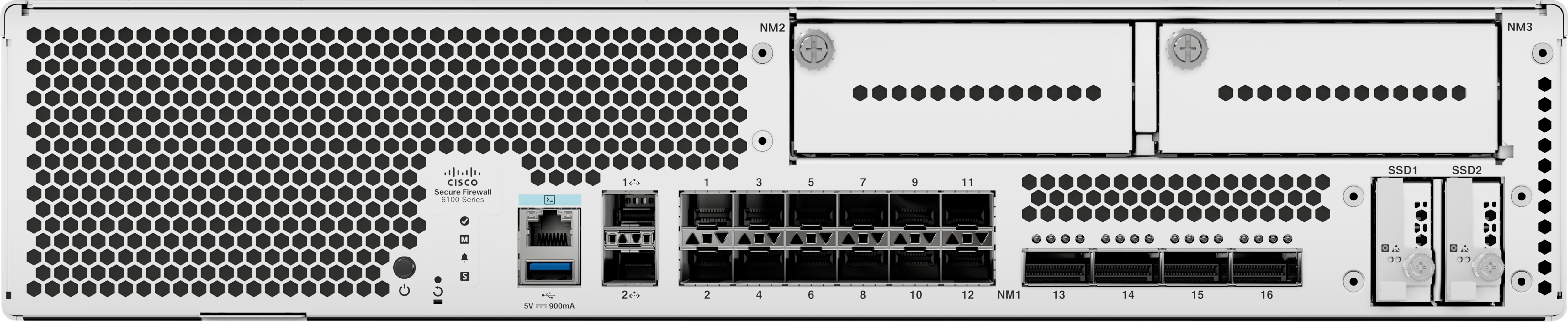 Front panel of 6100 Series firewall (with two network modules)