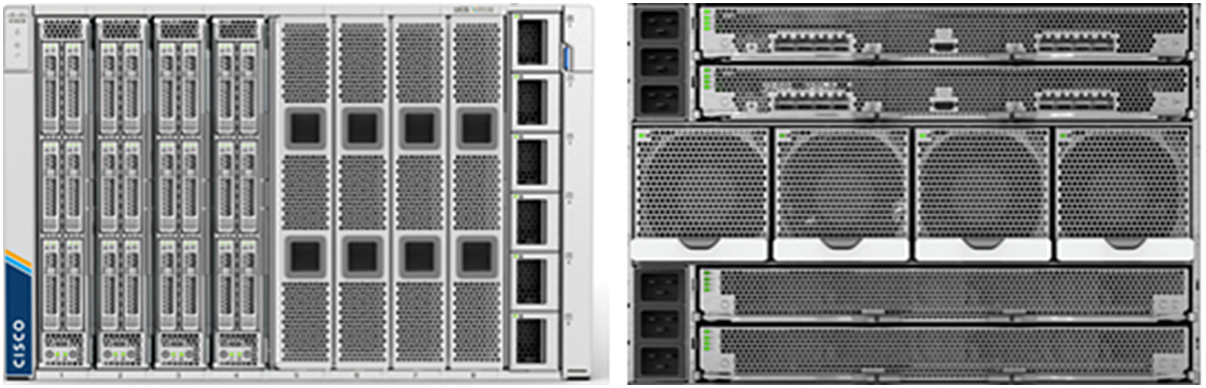 Cisco UCS X9508 Server Chassis, front (left) and back (right)