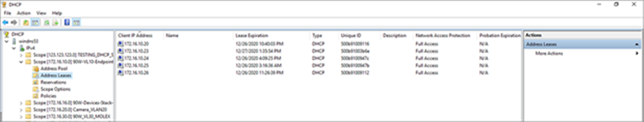 DHCP pools defined on the Windows server