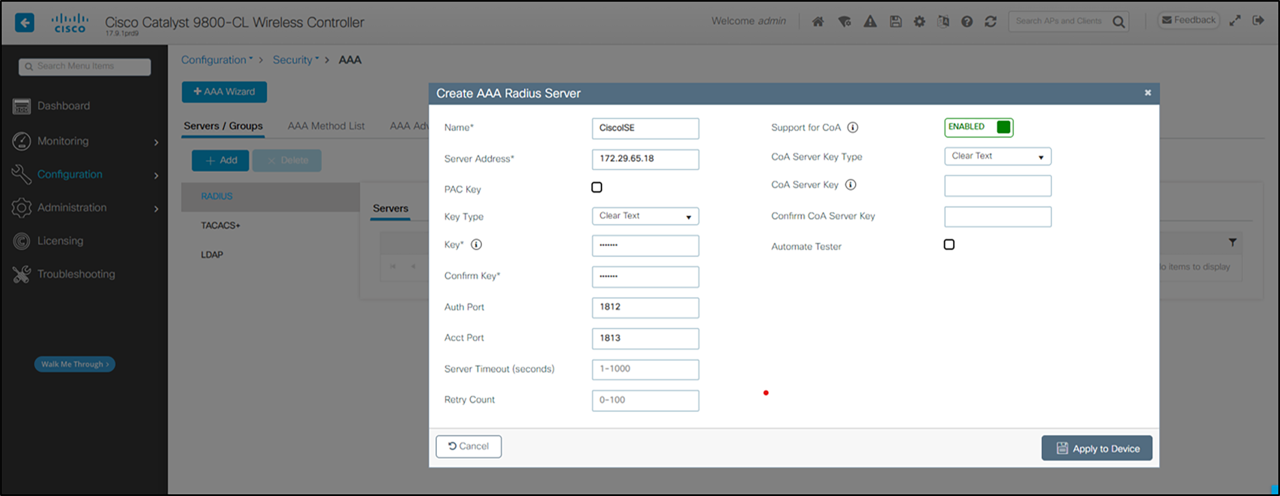 Defining a RADIUS server