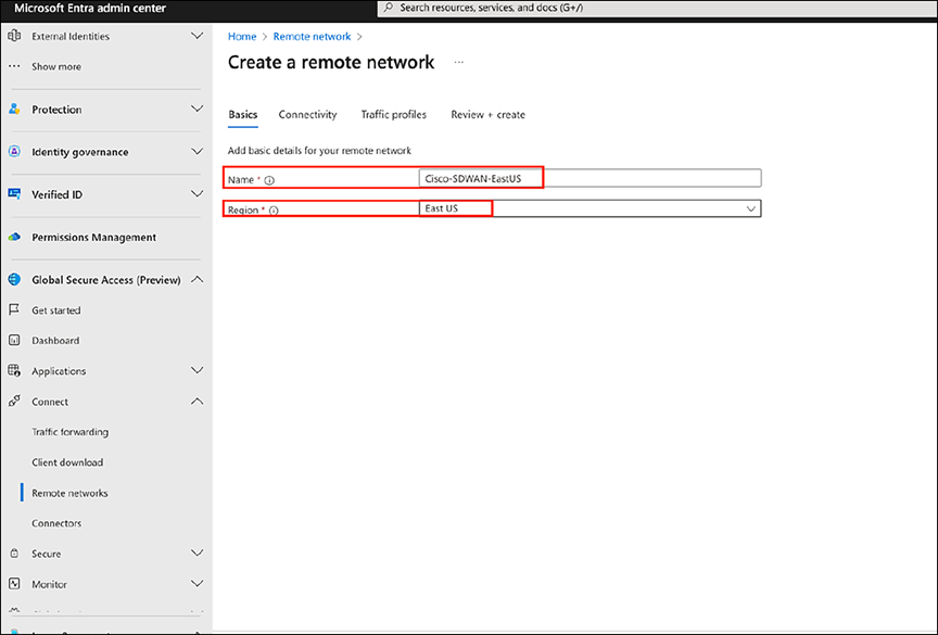 Entering the network name and region