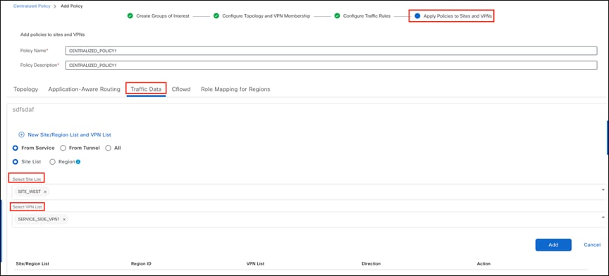 Choosing the site and VPN for the data policy