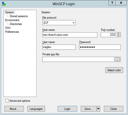 Verwendung von WinSCP zum Extrahieren von RCA aus Catalyst Center - Wählen Sie SCP als Dateiprotokoll und wählen Sie die Portnummer 2222